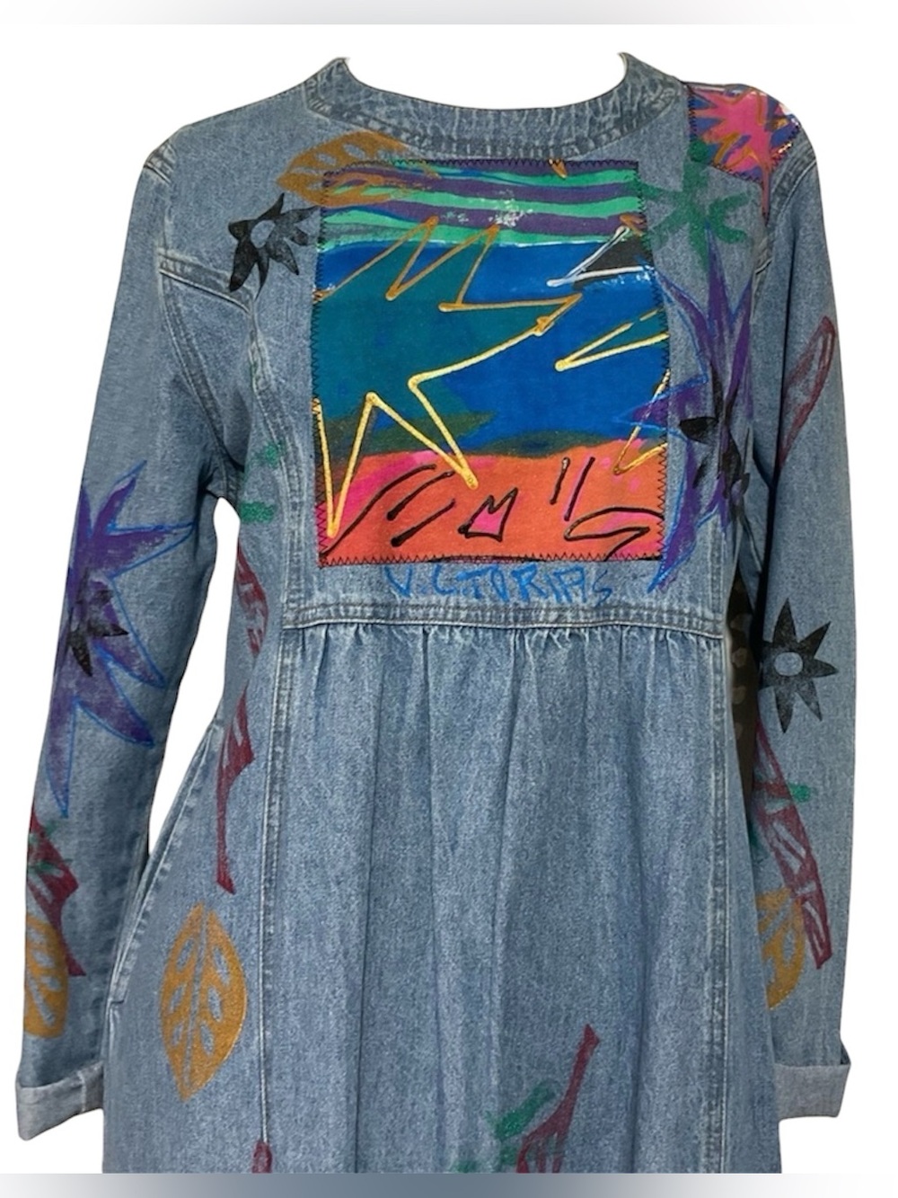 V.C Torias 90s Graffiti Patchwork Oversized Denim Maxi Dress S/M with Pockets